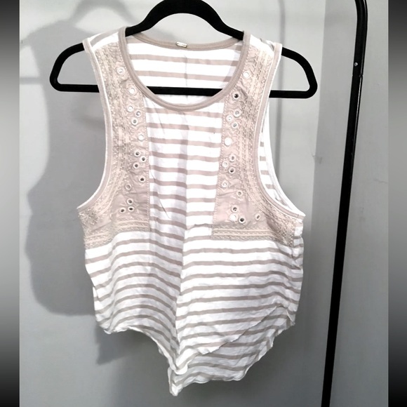 Free People Tank Top Shirt Womens Striped Embellished White Embroidered NWOT - Picture 1 of 5